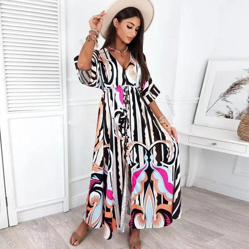 Elegant Gorgeous Printing Dress Women Casual Elastic Waist Long Party Dress 2023 Summer Loose Slit Beach Dress A932-THAT FASHION STORE