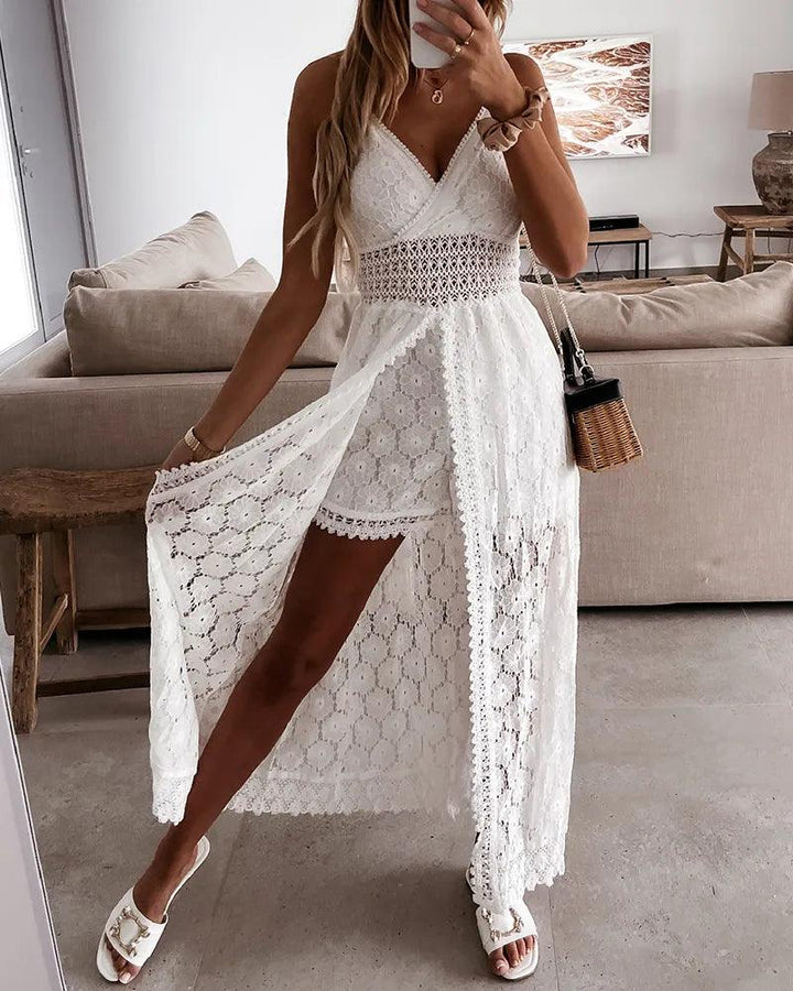 Summer V Neck Solid Color Lace Hollow-Out Sleeveless Sling Party Wear High Waist Rompers Holiday Casual White Women's Jumpsuit-THAT FASHION STORE