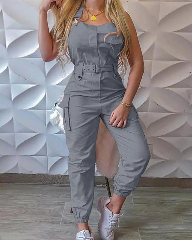 Women Strap Jumpsuit Summer Loose Dungarees Long Rompers Solid Pockets Cargo Pants Female Casual Work Out Playsuits-THAT FASHION STORE