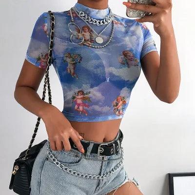 Angel Print Mesh Sexy T Shirt Crop Top High Neck Short Sleeve Graphic Tees Women Streetwear Harajuku Shirts Hot Sale-THAT FASHION STORE