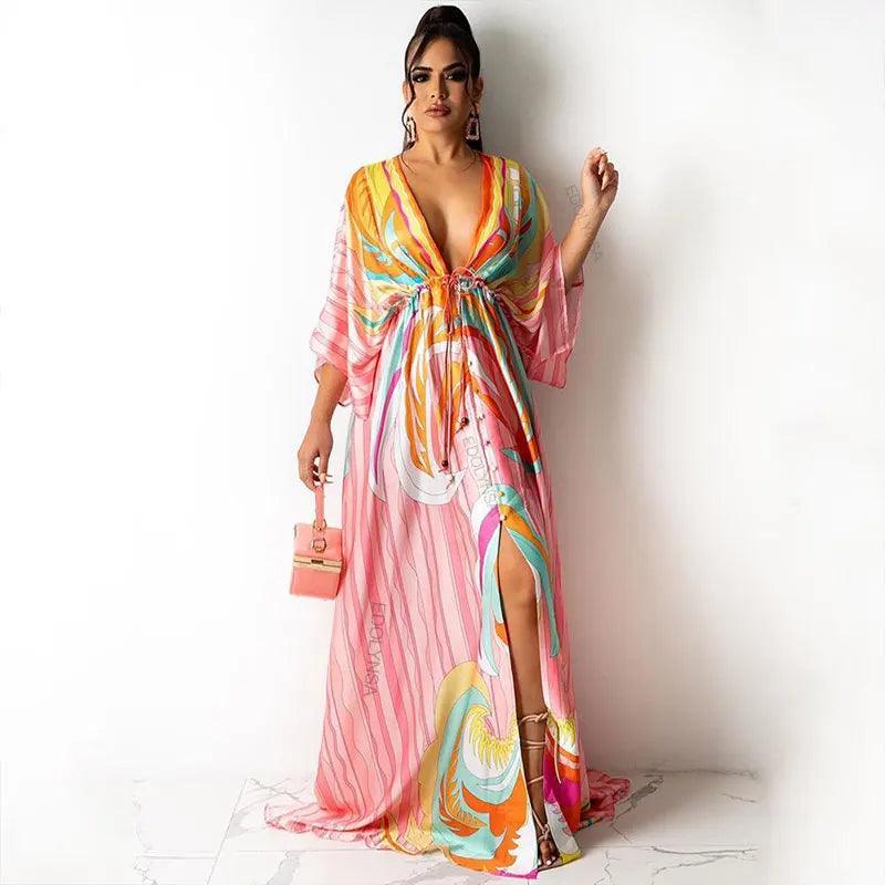 Elegant Gorgeous Printing Dress Women Casual Elastic Waist Long Party Dress 2023 Summer Loose Slit Beach Dress A932-THAT FASHION STORE