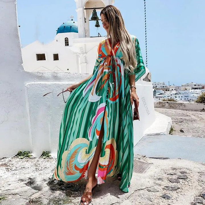 Elegant Gorgeous Printing Dress Women Casual Elastic Waist Long Party Dress 2023 Summer Loose Slit Beach Dress A932-THAT FASHION STORE