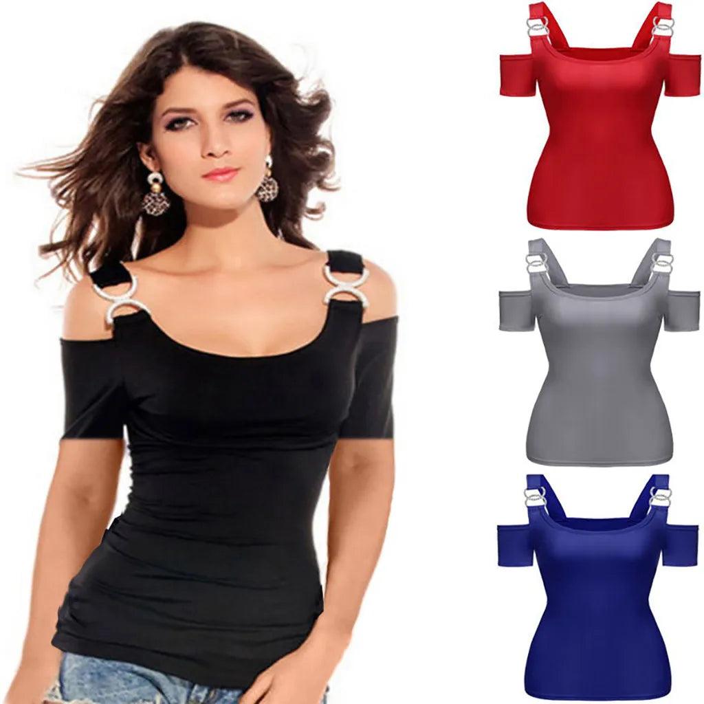 Women T-shirt Solid Off Shoulder Tops Metal Buckle Strap Summer Short Sleeve Sexy Tops Female Tees Solid Tshirt Ropa Mujer 2021-THAT FASHION STORE