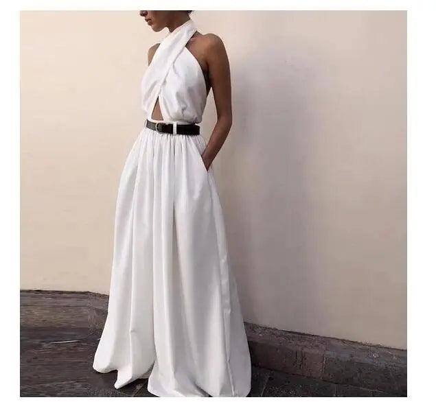 2022 Summer Women Jumpsuits Sexy Elegant Backless Halter White Rompers Female Solid Wide Leg Loose Pants Overalls Jumpsuits-THAT FASHION STORE