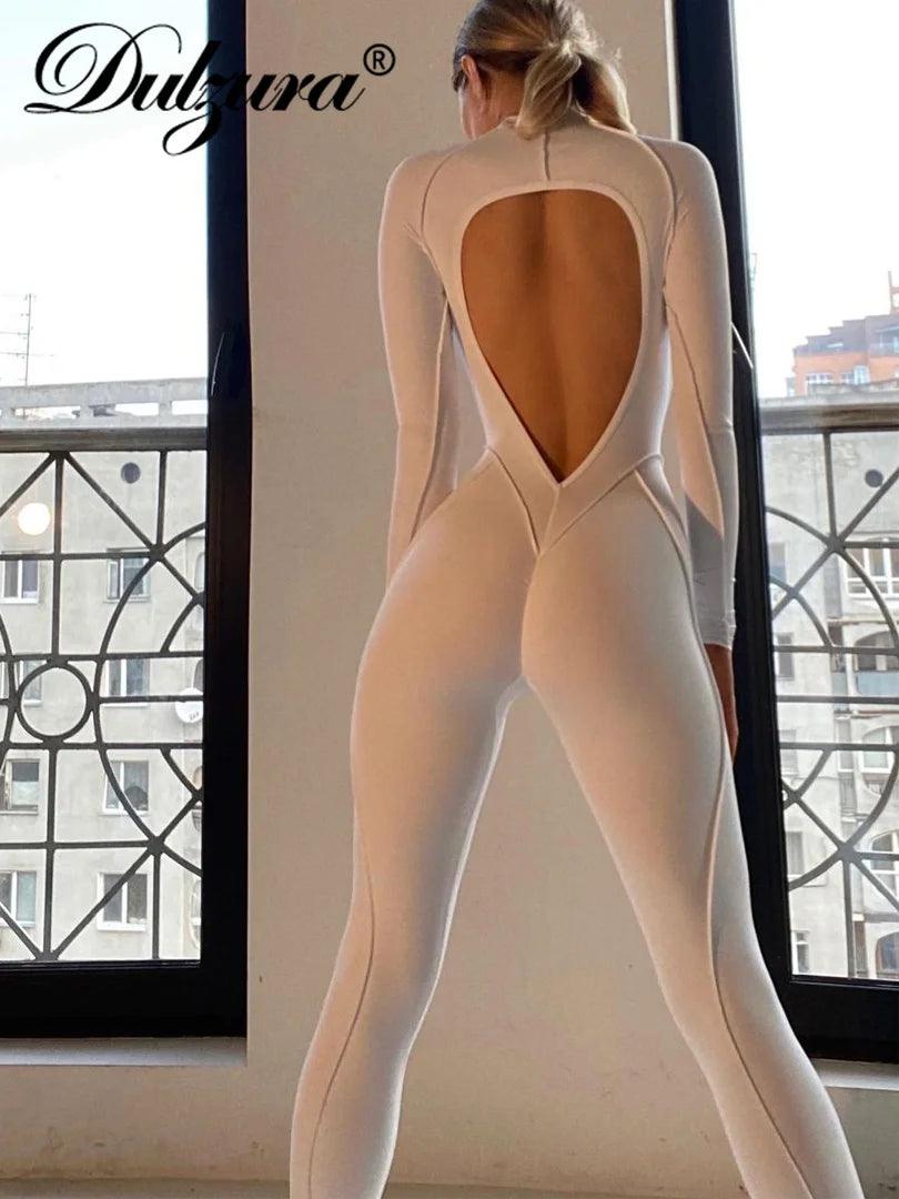 Dulzura Patchwork Women Long Sleeve Hollow Out Jumpsuit Skinny Sexy Streetwear Club Rompers Casual 2021 Autumn Winter Outfit-THAT FASHION STORE