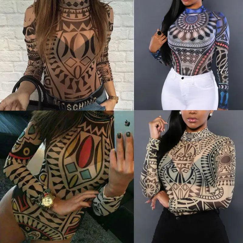 Women Gothic Tattoo Tribal Print Stretchy Skinny Bodysuit Sexy See-Through Mesh Sheer Long Sleeve Top Pullovers Clubwear Bodycon-THAT FASHION STORE