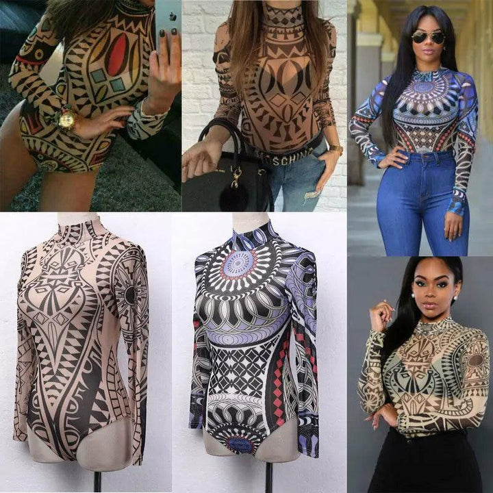 Women Gothic Tattoo Tribal Print Stretchy Skinny Bodysuit Sexy See-Through Mesh Sheer Long Sleeve Top Pullovers Clubwear Bodycon-THAT FASHION STORE