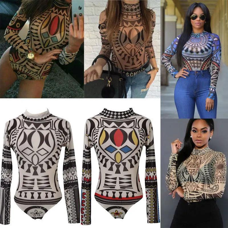 Women Gothic Tattoo Tribal Print Stretchy Skinny Bodysuit Sexy See-Through Mesh Sheer Long Sleeve Top Pullovers Clubwear Bodycon-THAT FASHION STORE