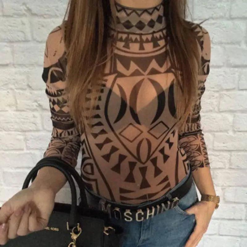 Women Gothic Tattoo Tribal Print Stretchy Skinny Bodysuit Sexy See-Through Mesh Sheer Long Sleeve Top Pullovers Clubwear Bodycon-THAT FASHION STORE