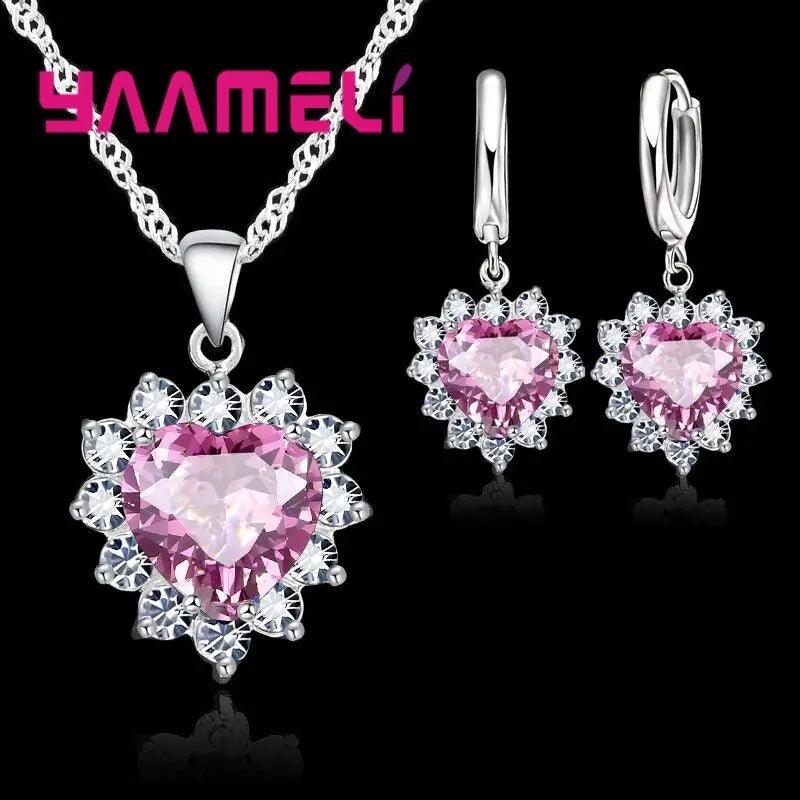 Trendy 925 Sterling Silver Jewelry Set for Women Heart CZ Stone Charm Pendants Necklaces Earrings LOVE Anniversary Gift-THAT FASHION STORE