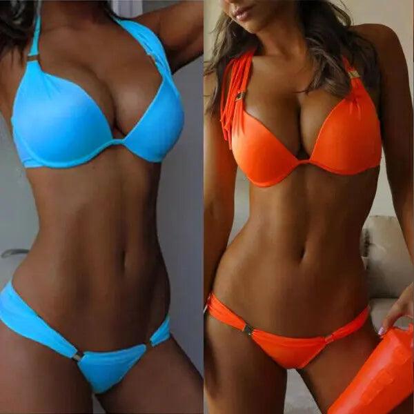 swimwear women Sexy Women Summer Beach Solid Swimwear Padded Bra Thong Bikini Set Push up Beach Bathing Swimsuit-THAT FASHION STORE