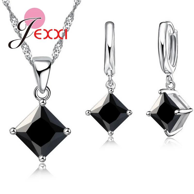 8 Colors 925 Sterling Silver Women Wedding Beautiful Pendant Necklace Earrings Set Clearly Square Crystal Jewelry Sets-THAT FASHION STORE