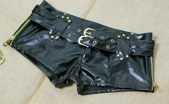 Sexy Women Shiny Faux Leather Hot Shorts Double Sashes Low Rise Waist Micro MINI Shorts With Zipper Open Exotic Culb Wear F33-THAT FASHION STORE