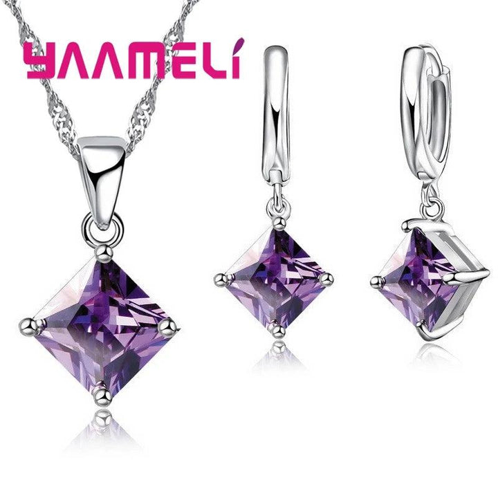 New Fashion Women Pendants Necklace Simple Geometry Square Earrings Crystal 925 Sterling Silver Jewelry Sets for Wedding-THAT FASHION STORE