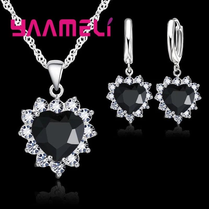 Trendy Jewelry Set for Women 925 Sterling Silver Color Heart CZ Stone Charm Pendants Necklaces Earrings LOVE Anniversary Gift-THAT FASHION STORE