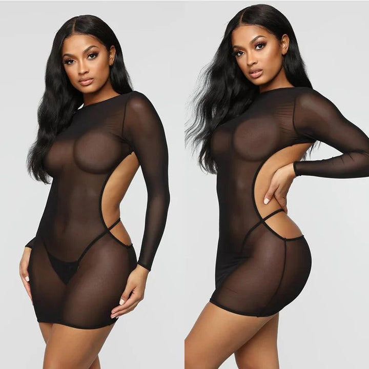 BKLD Women Bodycon Mini Dress Mesh Sheer Dress Summer Dresses Women 2024 Bohemian Long Sleeve Backless Club Wear Party Dress-THAT FASHION STORE