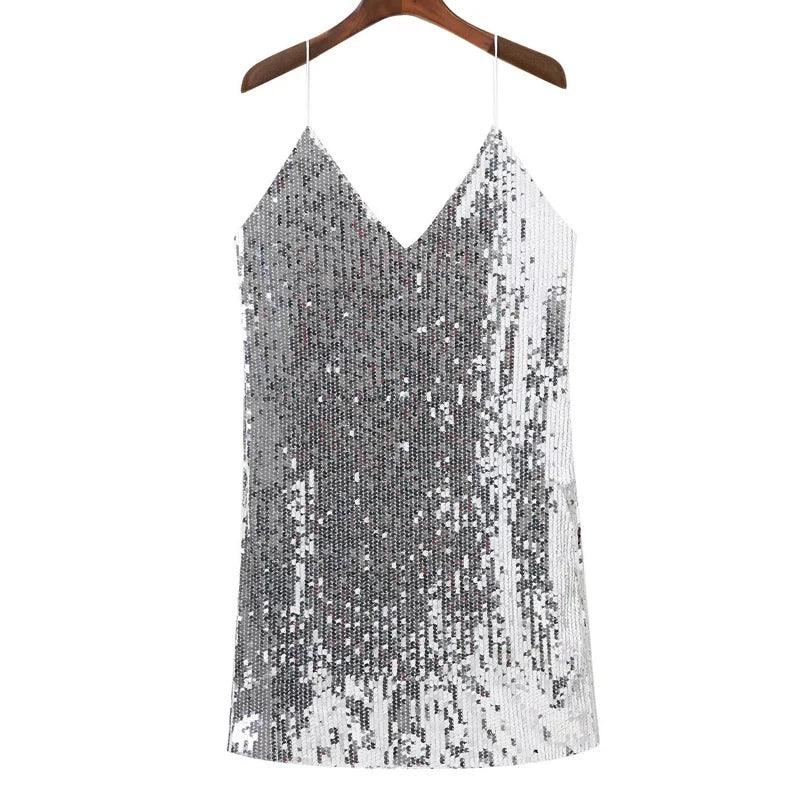 Deep V Neck Autumn Silver Sequined Backless Sexy Dress Women Off Shoulder Mini Dress Christmas Party Club Strap Dresses Vestidos-THAT FASHION STORE