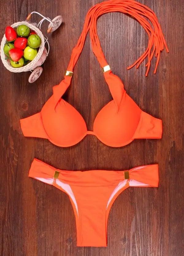 swimwear women Sexy Women Summer Beach Solid Swimwear Padded Bra Thong Bikini Set Push up Beach Bathing Swimsuit-THAT FASHION STORE