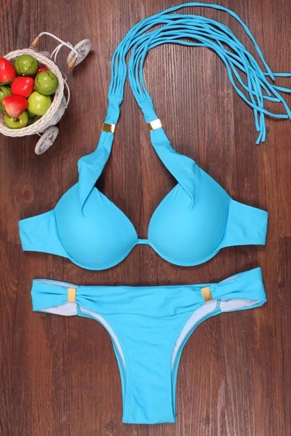 swimwear women Sexy Women Summer Beach Solid Swimwear Padded Bra Thong Bikini Set Push up Beach Bathing Swimsuit-THAT FASHION STORE