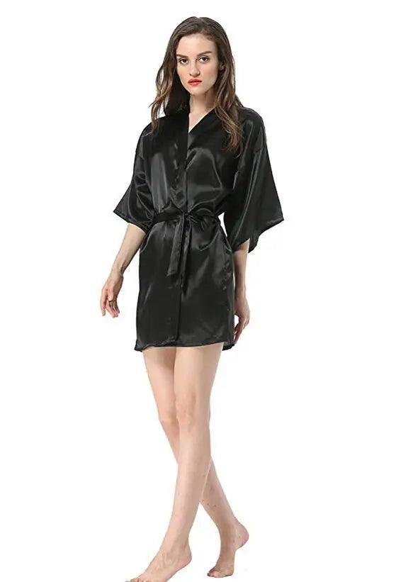 New Black Chinese Women's Faux Silk Robe Bath Gown Hot Sale Kimono Yukata Bathrobe Solid Color Sleepwear S M L XL XXL NB032-THAT FASHION STORE