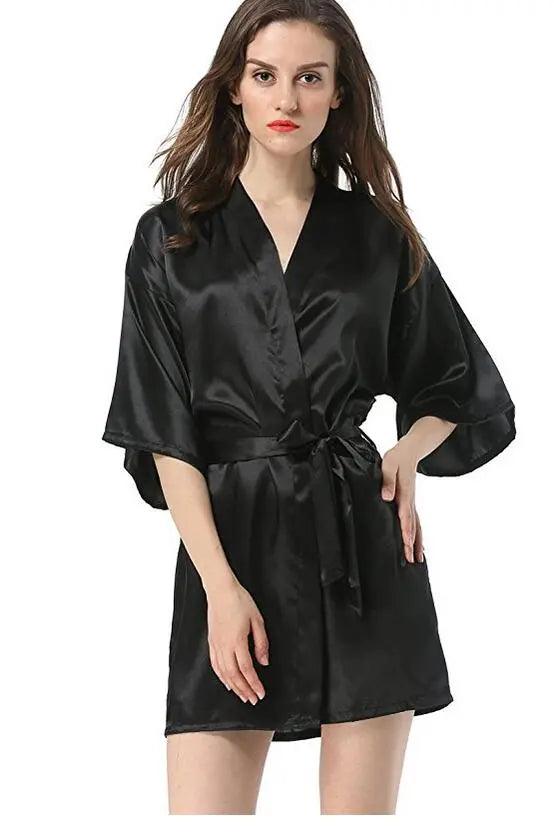 New Black Chinese Women's Faux Silk Robe Bath Gown Hot Sale Kimono Yukata Bathrobe Solid Color Sleepwear S M L XL XXL NB032-THAT FASHION STORE