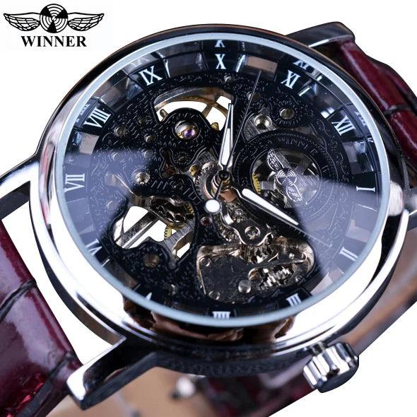 Winner Transparent Golden Case Luxury Casual Design Brown Leather Strap Mens Watches Top Brand Luxury Mechanical Skeleton Watch-THAT FASHION STORE