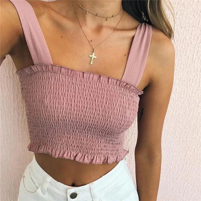 2020 New Summer Autumn Tube Crop top Women Bow Tie Strap Ruched tank Top Lettuce Edge Elastic Camis 5 colors-THAT FASHION STORE