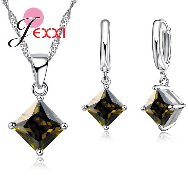 8 Colors 925 Sterling Silver Women Wedding Beautiful Pendant Necklace Earrings Set Clearly Square Crystal Jewelry Sets-THAT FASHION STORE