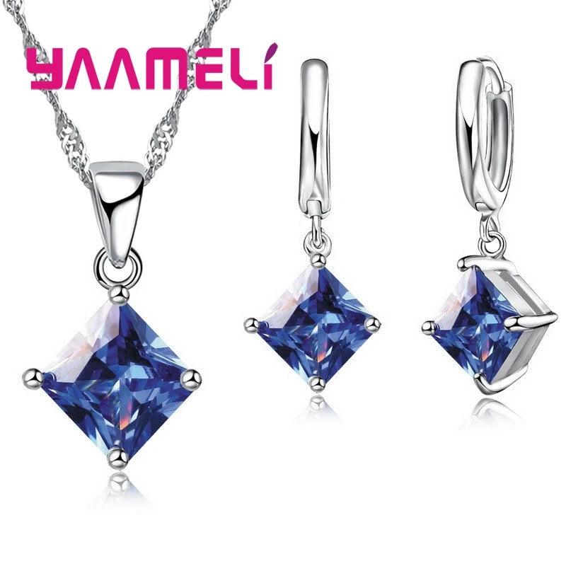 New Fashion Women Pendants Necklace Simple Geometry Square Earrings Crystal 925 Sterling Silver Jewelry Sets for Wedding-THAT FASHION STORE