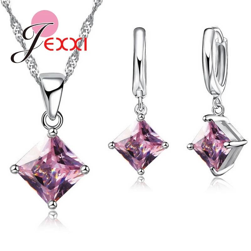 8 Colors 925 Sterling Silver Women Wedding Beautiful Pendant Necklace Earrings Set Clearly Square Crystal Jewelry Sets-THAT FASHION STORE