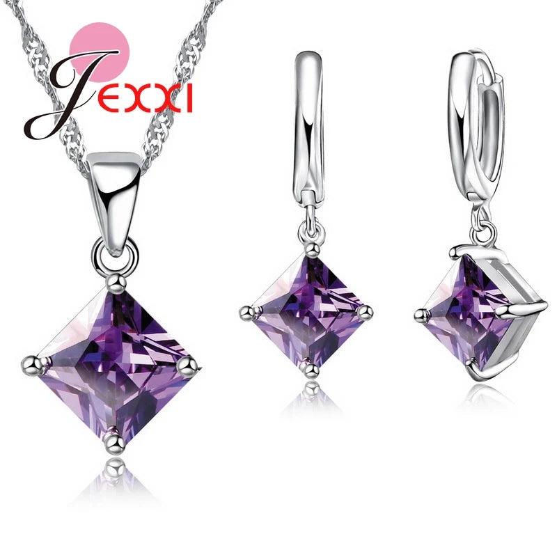 8 Colors 925 Sterling Silver Women Wedding Beautiful Pendant Necklace Earrings Set Clearly Square Crystal Jewelry Sets-THAT FASHION STORE