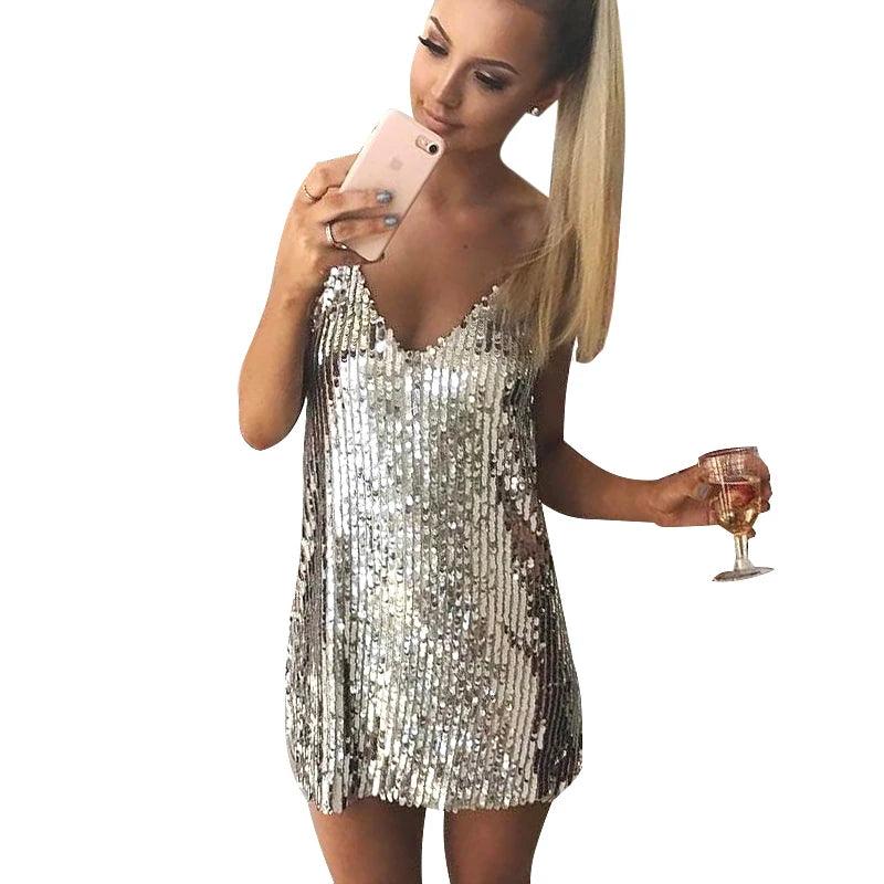 Deep V Neck Autumn Silver Sequined Backless Sexy Dress Women Off Shoulder Mini Dress Christmas Party Club Strap Dresses Vestidos-THAT FASHION STORE