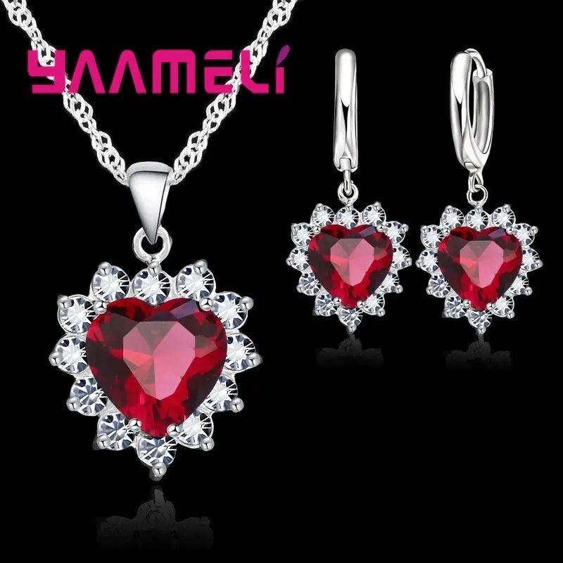 Trendy Jewelry Set for Women 925 Sterling Silver Color Heart CZ Stone Charm Pendants Necklaces Earrings LOVE Anniversary Gift-THAT FASHION STORE