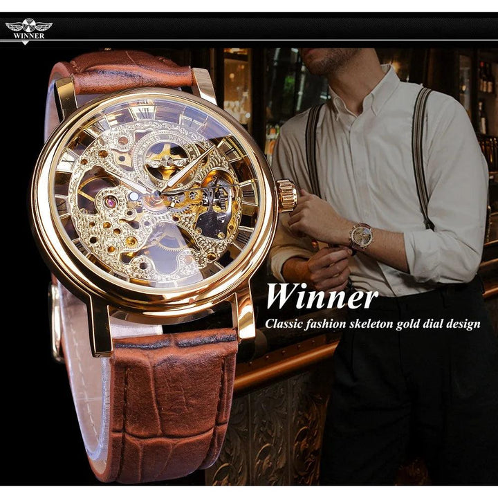 Winner Transparent Golden Case Luxury Casual Design Brown Leather Strap Mens Watches Top Brand Luxury Mechanical Skeleton Watch-THAT FASHION STORE