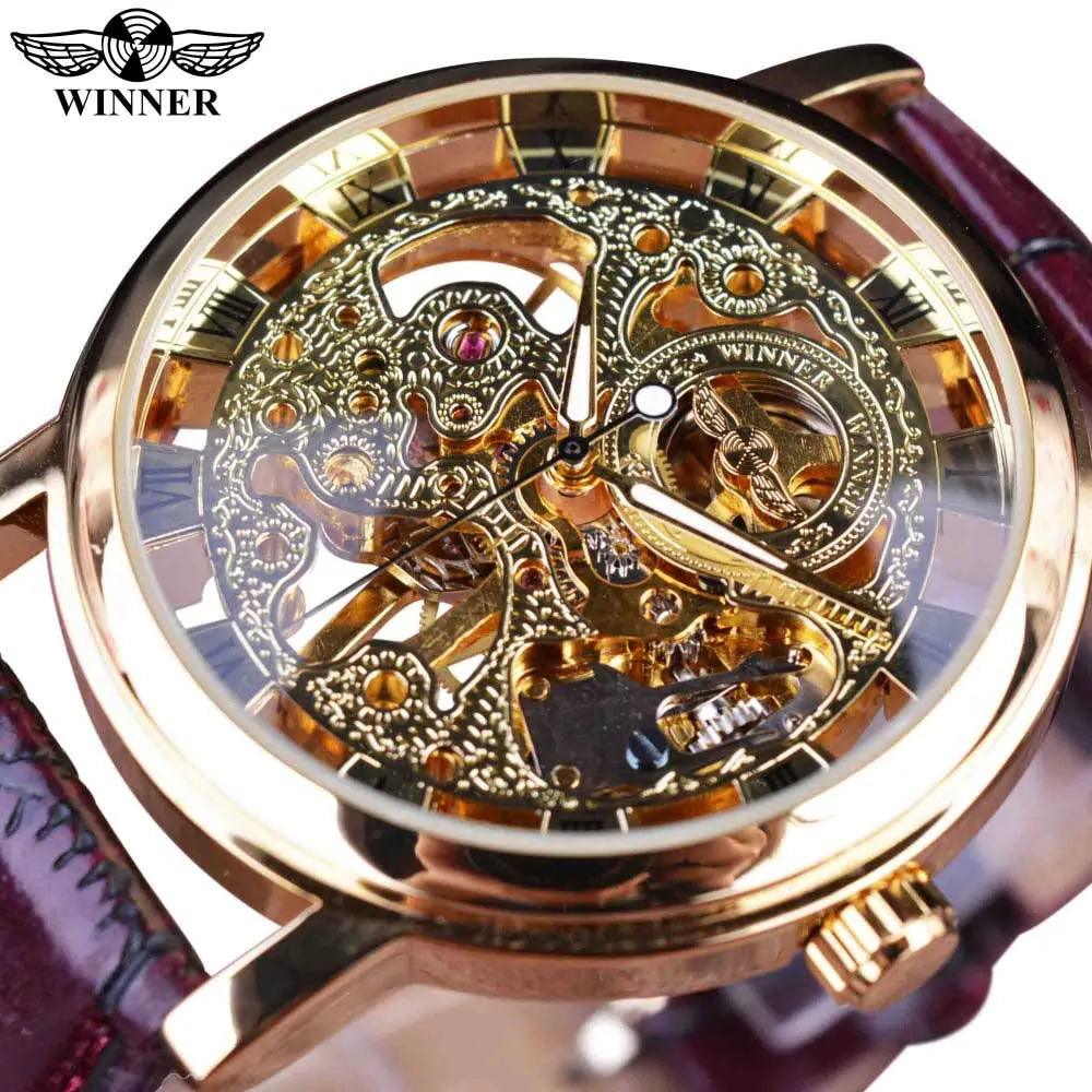 Winner Transparent Golden Case Luxury Casual Design Brown Leather Strap Mens Watches Top Brand Luxury Mechanical Skeleton Watch-THAT FASHION STORE