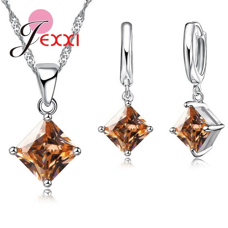 8 Colors 925 Sterling Silver Women Wedding Beautiful Pendant Necklace Earrings Set Clearly Square Crystal Jewelry Sets-THAT FASHION STORE