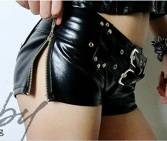 Sexy Women Shiny Faux Leather Hot Shorts Double Sashes Low Rise Waist Micro MINI Shorts With Zipper Open Exotic Culb Wear F33-THAT FASHION STORE