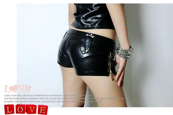 Sexy Women Shiny Faux Leather Hot Shorts Double Sashes Low Rise Waist Micro MINI Shorts With Zipper Open Exotic Culb Wear F33-THAT FASHION STORE