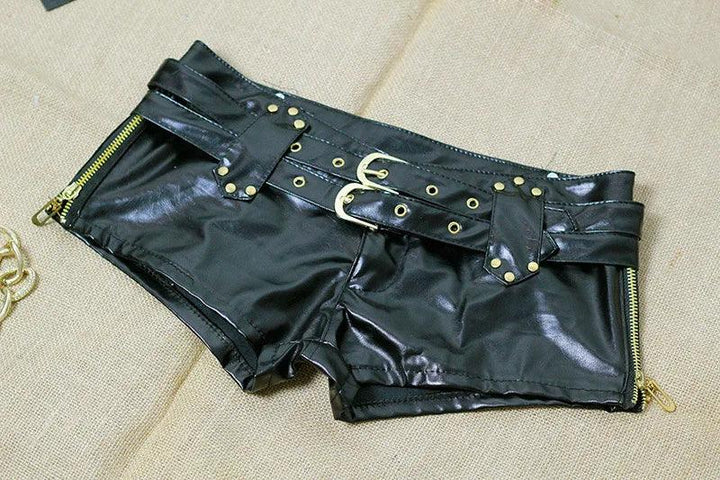 Sexy Women Shiny Faux Leather Hot Shorts Double Sashes Low Rise Waist Micro MINI Shorts With Zipper Open Exotic Culb Wear F33-THAT FASHION STORE