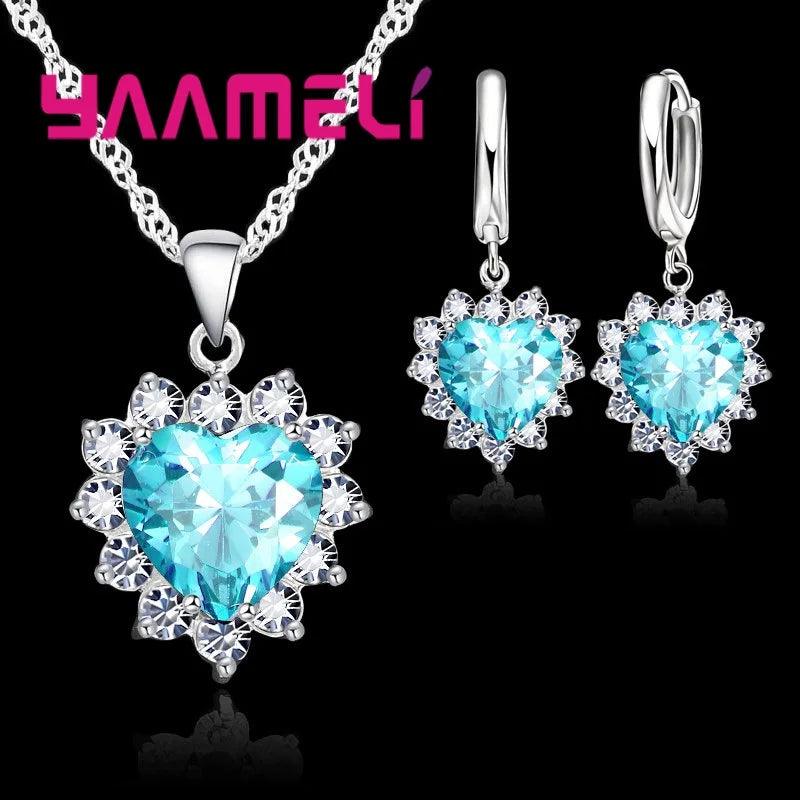 Trendy Jewelry Set for Women 925 Sterling Silver Color Heart CZ Stone Charm Pendants Necklaces Earrings LOVE Anniversary Gift-THAT FASHION STORE