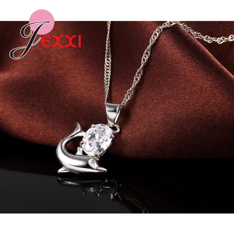 Fashion Austrian Crystal Jewelry Set 925 Sterling Silver Sweet Dolphin Pendant Necklace Loop Earrings Sets for Women-THAT FASHION STORE