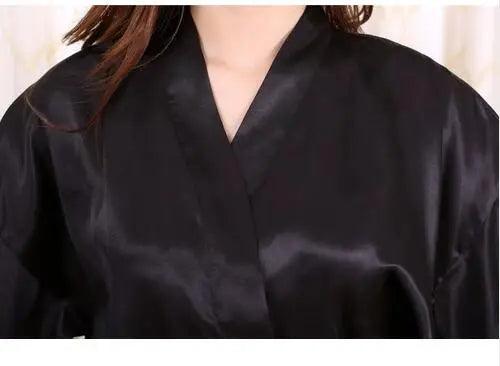 New Black Chinese Women's Faux Silk Robe Bath Gown Hot Sale Kimono Yukata Bathrobe Solid Color Sleepwear S M L XL XXL NB032-THAT FASHION STORE