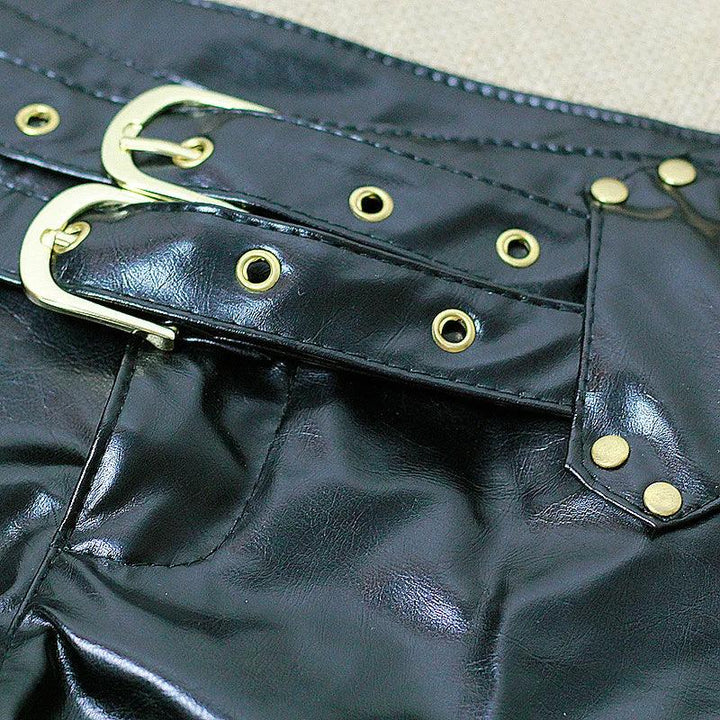 Sexy Women Shiny Faux Leather Hot Shorts Double Sashes Low Rise Waist Micro MINI Shorts With Zipper Open Exotic Culb Wear F33-THAT FASHION STORE