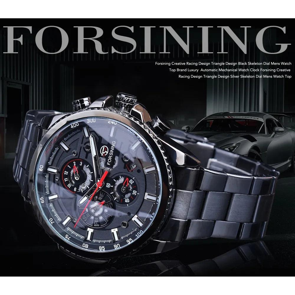 Forsining Three Dial Calendar Stainless Steel Men Mechanical Automatic Wrist Watches Top Brand Luxury Military Sport Male Clock-THAT FASHION STORE