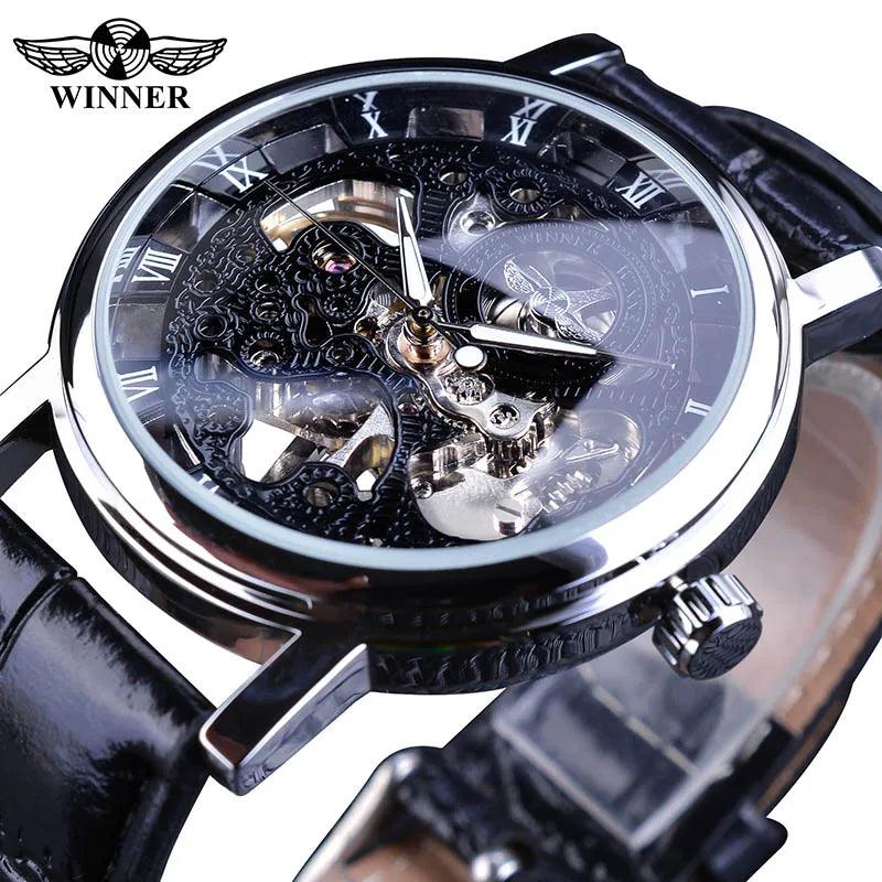 Winner Transparent Golden Case Luxury Casual Design Brown Leather Strap Mens Watches Top Brand Luxury Mechanical Skeleton Watch-THAT FASHION STORE