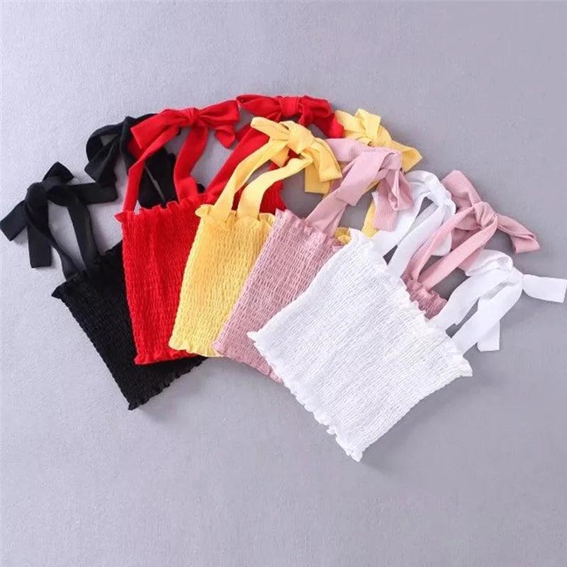 2020 New Summer Autumn Tube Crop top Women Bow Tie Strap Ruched tank Top Lettuce Edge Elastic Camis 5 colors-THAT FASHION STORE