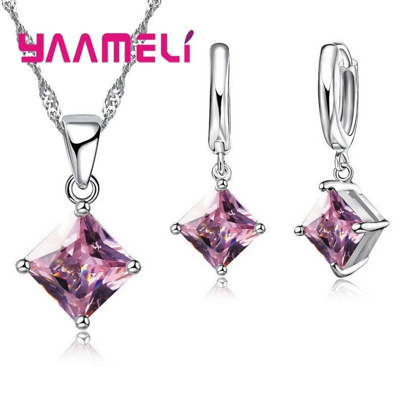 New Fashion Women Pendants Necklace Simple Geometry Square Earrings Crystal 925 Sterling Silver Jewelry Sets for Wedding-THAT FASHION STORE