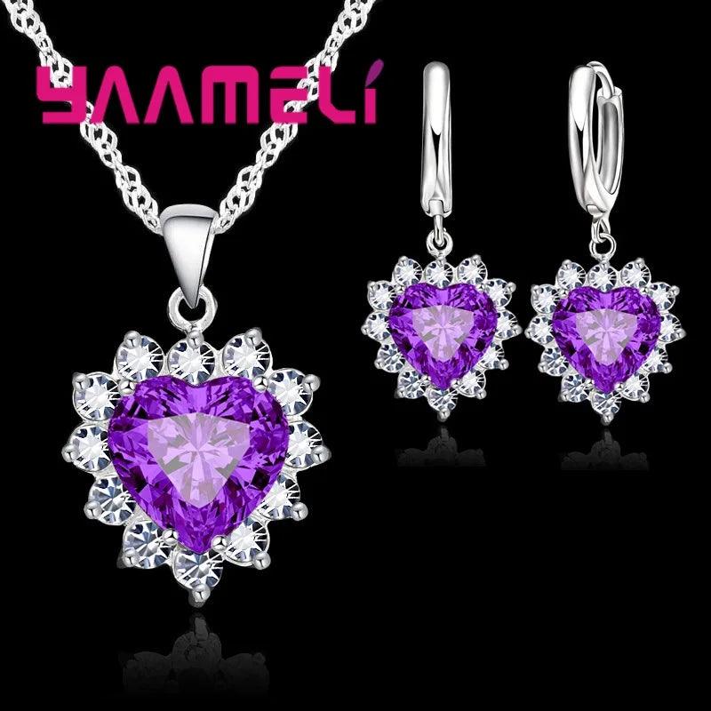 Trendy Jewelry Set for Women 925 Sterling Silver Color Heart CZ Stone Charm Pendants Necklaces Earrings LOVE Anniversary Gift-THAT FASHION STORE