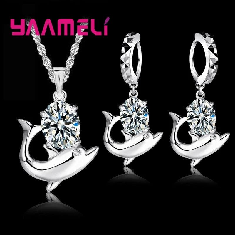 Fashion Austrian Crystal Jewelry Set 925 Sterling Silver Sweet Dolphin Pendant Necklace Loop Earrings Sets for Women-THAT FASHION STORE