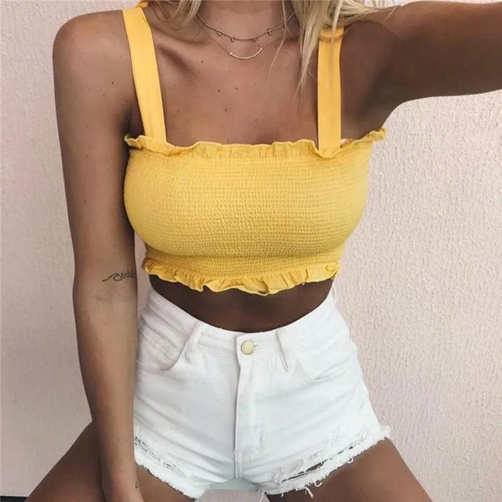 2020 New Summer Autumn Tube Crop top Women Bow Tie Strap Ruched tank Top Lettuce Edge Elastic Camis 5 colors-THAT FASHION STORE